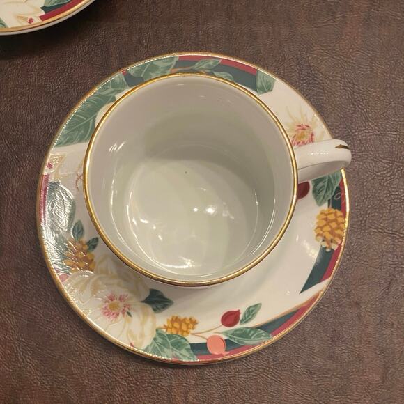 Tienshan Fine China Magnolia Floral Tea Cup & Saucer Set of 3 Gold Trim Vintage - Picture 3 of 7